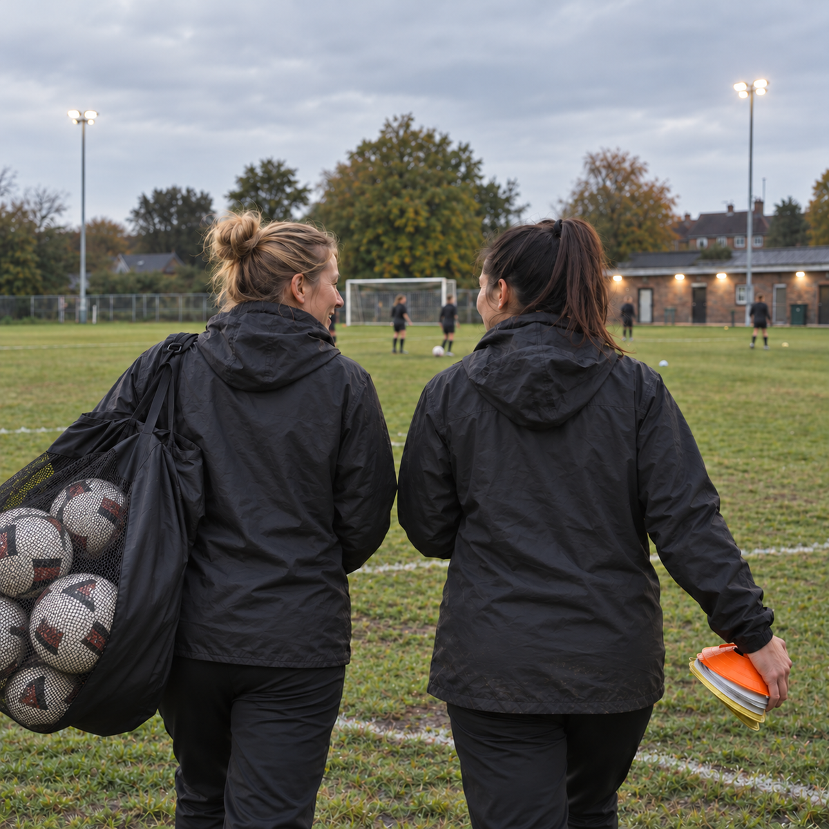 Two grassroots coaches carrying footballs and training equipment onto a local pitch.