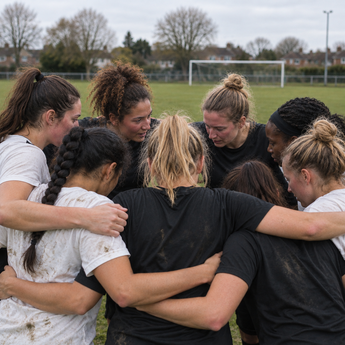 Women’s football team huddling together at a local pitch.